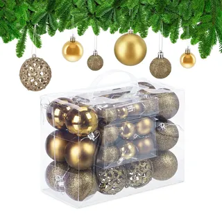 Relaxdays Weihnachtskugeln im 50er Set, glitzernde, Matte & glänzende Christbaumkugeln, Kunststoff, ∅ 3, 4 & 6 cm, Gold