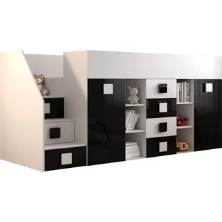 Etagenbett für Kinder Toledo 3 Stockbett mit Treppe, Schreibtisch, Bettkasten (Weiß/Weiß Glanz + Schwarz Glanz, Seite: Links) - Schwarz, Weiß