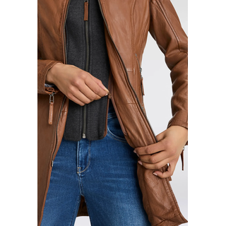 Ledermantel MAURITIUS "Bente", Damen, Gr. M/38, braun (cognac), Obermaterial: 100% Schafsleder. Futter: 100% Baumwolle. Kapuze: 55% Polyester, 45% Baumwolle. Ärmelfutter: 100% Polyester, kontrastfarbene Details, sehr figurbetont Po-bedeckend, mit Reißverschluss, Mäntel Ledermantel, 2-in-1-Lederjacke mit abnehmbarem Kapuzen-Inlay aus Jerseyqualität