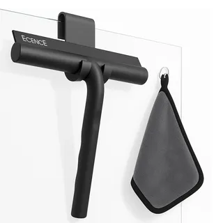 ECENCE Duschabzieher Schwarz Silikon, Duschwischer mit Halterung ohne Bohren + Mikrofasertuch, Fensterabzieher Edelstahlkern, Duschkabinenabzieher, Glasabzieher 21cm