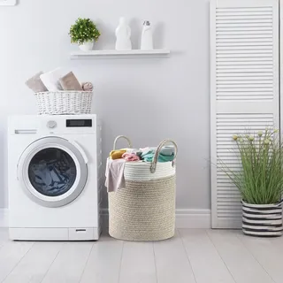Wäschekorb, 38 Liter, große Aufbewahrungskorb, 35 cm x 40 cm, Wäsche-Sammler mit Griff, Wäschekörbe geflochtenes Handwerk, aus geflochtenem Baumwolle, für Waschküche, Wohnzimmer, Kinderzimmer