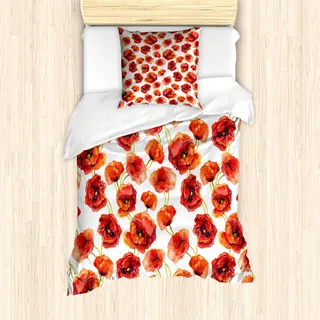 ABAKUHAUS Blume Bettbezug Set für Einzelbetten, Mohnblumen-Garten mit Blumen, Milbensicher Allergiker geeignet mit Kissenbezug, Rotes Scharlachrot und Weiß - Weiß