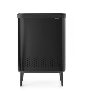 Brabantia - Bo Wäschesammler Hi 2 x 45L - Wäschekorb - 2 Fächer - Deckel mit Quick-Drop-Öffnung - Herausnehmbarer Baumwollsack - tragbar & hygienisch - Zubehör Schlafzimmer & Bad - Mattschwarz