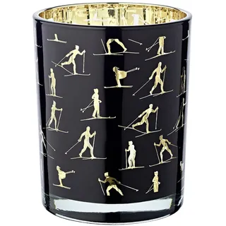 EDZARD Windlicht Monty (Höhe 13 cm, ø 10 cm), Windlicht mit Skisport Motiv, innen Gold/außen schwarz