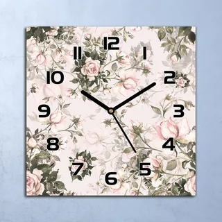 Wanduhr Echt-Glas-Küchenuhr Rosen Botanisch Quarz Lautlos 30x30 Deko Bilder - Rosa