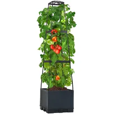 REAWOW Tomatentopf mit Rankhilfe, 28×28×114cm, 14L, Anthrazit Pflanzenturm mit Wasserspeicher, Pflanzen-Aufzucht-Turm mit Rangitter, Tomatenturm Topf, 3-Tier