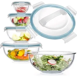 Glas-Rührschüsseln, 5er-Set, Glasschüsseln mit Deckel, platzsparende Stapelschüsseln, rutschfeste Salatschüsseln, BPA-frei, zum Kombinieren, Aufbewahren, Kochen