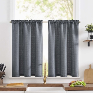 TOPICK Scheibengardine Leinenoptik Bistrogardine Uni Kurzer Küche Vorhänge Gewebe Gitter Lichtfilterung Paarig Schals für Wohnzimmer Landhaus Kleine Fenster 65x115cm Grau 2er Set