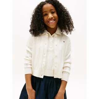 Strickjacke TOMMY HILFIGER "POINTELLE CARDIGAN LS", Mädchen, Gr. 7 (122), weiß (ivory petal), Strick, Obermaterial: 100% Baumwolle, unifarben, regular fit hüftlang, Rundhals, Bündchen, Strickjacken Strickjacke, für Kinder bis 16 Jahre, mit süßem Muster