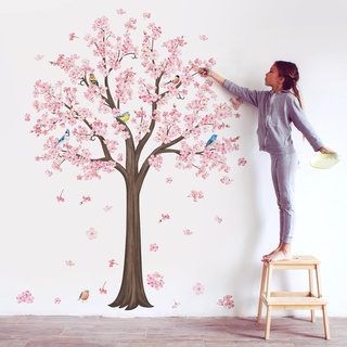 decalmile Wandtattoo Baum Groß Kirschbaum Wandaufkleber Kirschblüte Blumen Rosa Wandsticker Schlafzimmer Wohnzimmer Kinderzimmer Wanddeko (H:170cm/66.92Inches)