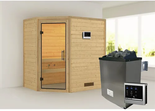 Bild von Karibu Sauna Svea Eckeinstieg, 9 kW Saunaofen mit externer Steuerung, für 3 Personen - braun