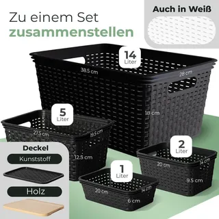 Novaliv Aufbewahrungsbox mit Holzdeckel Groß 14L Korb Schwarz in Rattan Design Lebensmittelecht Aufbewahrungskorb Stapelbox Nestbar Kunststoff BPA-frei Kiste Verstaubbox mit Deckel - Schwarz