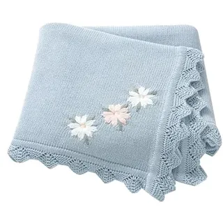 LAWKUL Babydecke 100% Nachvollziehbar Baumwolle Weich Gestrickt Babydecken Blumen für Neugeborene Jungen Mädchen 100x80cm Blau
