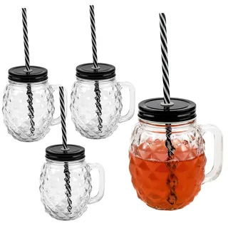 Sinoba 3D Ananas Glas Trinkglas mit Deckel und Strohhalm 450ml | 4er-Set | Mit stabilem Strohhalm und dichtem Deckel. Dekoratives Ananas-Glas für Cocktails, Smoothies und Eiskaffee