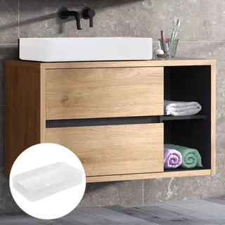 Waschtisch 100 cm in Shetland Eiche Nb. mit anthrazit DANZIG-56 inkl. Keramik Aufsatzbecken weiß, B/H/T: ca. 100/71/46 cm - Braun