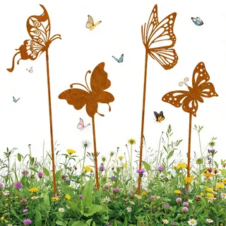 Gartenstecker Rost, 4 Stück Schmetterling Gartendeko, Gartenstecker Metall Schmetterling Garten Deko für Draußen, Rostige Frühlingsdeko, Blumenstecker Rostdeko für Terrassen Blumentopf Balkon