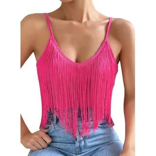 Damen Tank Top Mit Fransen – Sexy Spaghetti Cami Oberteile Elegant Boho Kleidung V Ausschnitt Konzert Outfit Rave Shirts Ärmellose Shirt Sommer Unterhemd Clothes(Pink,M,10742r)