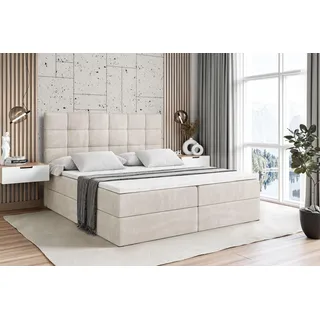 ALTDECOR Boxspringbett mit Matratze und Lattenrost - BRUGO - 140x200 cm - Beige Samt - Boxbett, Topper, Polsterbett mit Bettkasten, Bett mit Stauraum H4 -Matratze, Doppelbett, Springboxbett - Creme