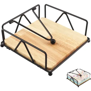 Zosenyer Serviettenhalter, Serviettenhalter Schwarz Metall und Holzsockel, 18 x 18 x 8 cm Serviettenspender mit Beschwertem Spannarm, Serviettenständer für Esszimmer, Küche, Picknick, Eisdiele, Café