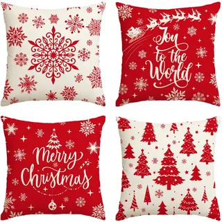 Artoid Mode Schneeflocken Bäume Rentier Schlitten Weihnachten Kissenbezüge 4er Set, 45x45 cm Merry Christmas Zierkissenbezug Cushion Cover Couch Deko