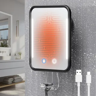Gospire Beheizter Duschspiegel Fogless für die Rasur, 5000mAh Wiederaufladbarer Beleuchteter Dusch-Rasierspiegel mit Rasiermesserhalter, Abnehmbar & NO-Drilling, Badspiegel mit Saugnapf (Schwarz)
