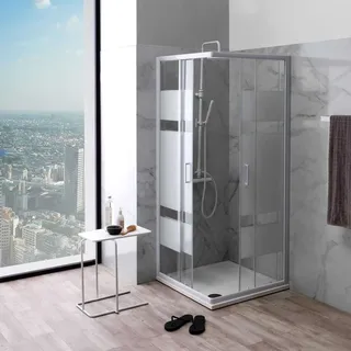 Kiamami Valentina Eck-Duschabtrennung 75x75 mit Glasdekor, Profilfarbe Weiss Venere