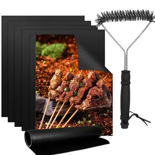 5er Set Grillmatte für Gasgrill,BBQ Grillmatten für Holzkohle, Backpapier Wiederverwendbar antihaftbeschichtete mit Grillreinigungsbürste,Zuschneidbar,Genießen Sie Grillspaß und Köstlichkeiten