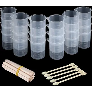 Belle Vous 24 Stück Kleine Messbecher 100ml - Transparentes Messbecher Set aus Kunstharz - inkl. 30 Holzstäbchen und 5 Kunststofflöffel - Dosierhilfe für Waschmittel und Waschpulver, Epoxidharz