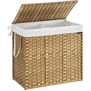 Songmics Wäschekorb 2 Fächern, Wäschesammler 160 L, Wäschebox aus synthetischem Rattan, mit Deckel und Griffen, geflochten, faltbar, herausnehmbarer Wäschesack, naturfarben LCB216Y01