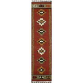 CASAVANI Läufer – Kelim Teppich, 5 x 15 cm, Rot & mehrfarbig, Wolle und geflochtener Jute-Teppich, für drinnen und draußen, Flachgewebe, für stark frequentierte Bereiche, Schlafzimmer, Nachttisch,