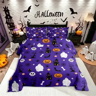 Homewish Halloween Geister Kürbis Bettwäsche 135x200cm Kürbislaternen Bettbezug für Jungen Mädchen Fledermäuse Totenköpfe Bettwäscheset Spinnennetze Spinnen Spukhäuser Tote Bäume Spiral-Lollis Bettset