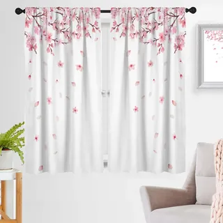 zokyer Rosa Blumen-Fenstervorhang Blumen Kirschblüte Weiß Kunst Mädchen Botanische Pflanze Rustikal Landhaus 106,7 cm B x 160 cm L Vorhänge Set für Wohnzimmer Schlafzimmer Badezimmer 2 Paneele