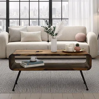 FineBuy Retro Couchtisch Sheesham Massivholz 100cm · Wohnzimmertisch rechteckig Ablagefach · Handgefertigter Sofatisch Metallbeinen Industrial Design - Braun