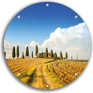Wallario rundes Outdoor-Poster für Garten oder Balkon, Motiv Italien - Toskana unter blauem Himmel einsame Farm, 30 cm Durchmesser - Blau