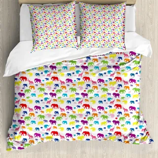 ABAKUHAUS Elefant Bettbezug Set für Einzelbetten, Bunte Safari-Fauna, Milbensicher Allergiker geeignet mit Kissenbezug, 200 cm x 200 cm - 80 x 80 cm, Mehrfarbig