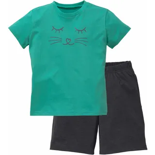 VIVANCE Pyjama VIVANCE, Mädchen, Gr. 122/128, grau (türkis, anthrazit, meliert), Jersey, Obermaterial: 100% Baumwolle, bedruckt, unifarben, Basic, lässig geschnitten kurz, Rundhals, abgesteppte Kante, Homewear-Sets Pyjama, Schlafanzug mit Cat Print