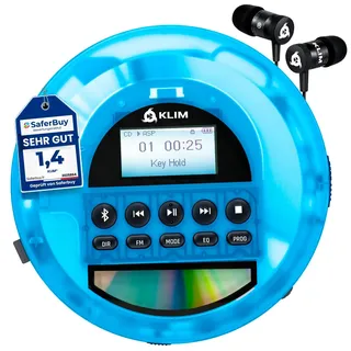 KLIM Nomad Transparent Blau - tragbarer CD-Player Walkman mit ausdauerndem Akku - inklusive Kopfhörer - MP3 Player - TF-Karte, FM Radio, Bluetooth, AUX - ideal für Zuhause und Auto