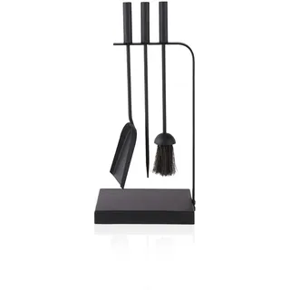 Relaxdays Kaminbesteck, 4-teiliges Set, Schürhaken, Ascheschaufel, Ofenbesen & Ständer, Moderne Kamingarnitur, schwarz