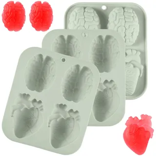3st Silikon 3D Gehirn Herzform, Halloween Silikonformen Organform Halloween Backform für Halloween Party Requisiten Pudding Schokolade Dessert Gelee (Grau)