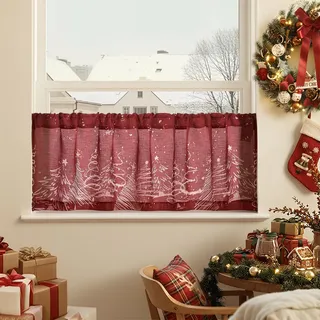 TOPICK Scheibengardine modern Weihnachtsgardinen Küchengardinen Landhausstil Bistrogardine modern Weihnachtsbaum, H40xB125 cm Weihnachts Gardinen Wohnzimmer Scheibengardine Schlafzimmer Rot 1 Stück
