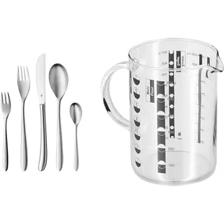 WMF Silk Besteck Set 12 Personen, Essbesteck 60 teilig & Gourmet Messbecher Glas 1l, hitzebeständiges Glas, Messbecher 1l, Skalierung für Liter, Milliliter, Tassen und Gramm, Transparent