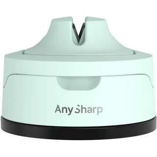 AnySharp Evo Messerschärfer & Messerschleifer mit verstärktem PowerGrip Saugnapf, Wolframkarbid-Schärfsystem mit Metall-Auffangbehälter, für Küchenmesser, Wellenschliff & Gehärteten, Himmelblau