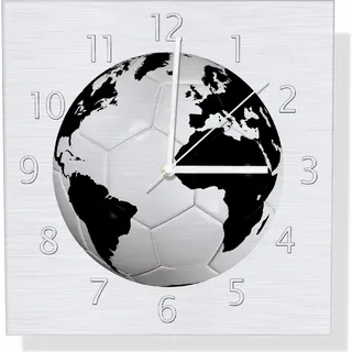 Wallario Design Wanduhr Planet Fußball aus Aluverbund, Größe 30 x 30 cm - Weiß