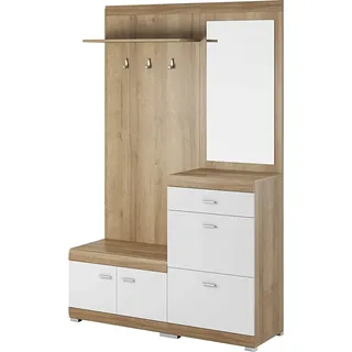 Garderobe Flurgarderobe Kompaktgarderobe Flurschrank Regal Möbel Flurgarderobe Schuhschrank mit Spiegel,Schrank mit Schubladen und traditionellen Türen, Mirella (Eiche Riviera / Weiß) - Weiß, Braun