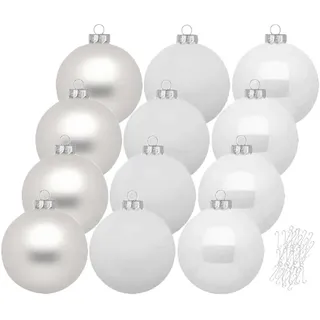 Inge Glas große Weihnachtskugeln mit Haken | Christbaumkugeln aus Glas | Set 12 Kugeln 8cm groß und 40 Aufhänger | Christbaumschmuck Weihnachtsbaumkugeln (Just White)
