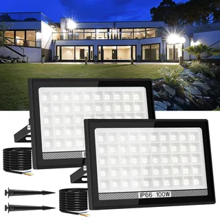 T-SUNUS LED Strahler Außen 100W, Superhell Fluter Außenstrahler Kaltweiß Scheinwerfer IP66 Wasserdicht 11000LM für Auffahrt Garage Flur Garten 2 Stück