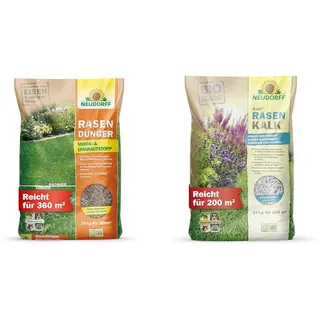 Neudorff RasenDünger Moos- & UnkrautStopp 18 Kg für 360m2 & Azet RasenKalk 10 kg für 200 m2 für eine natürlich kräftige, grüne Rasenfläche und widerstandsfähige Pflanzen