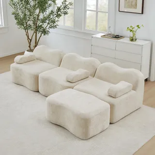 Wellenförmiges Dreisitzer-Modulsofa L-Form, Samt, mit Ottoman, Tiefensitz, 288 x 167 x 70 cm, Beige - Beige