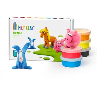 Hey Clay Tiere: Piggy, Pferd, Kaninchen Set – Bunte Modellierung Kinder – Lufttrocknen Ton Kit 6 Dosen mit Spaß Interaktive Anleitung App