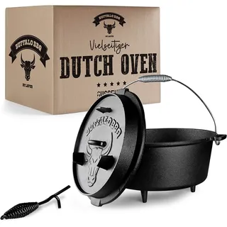 BUFFALO BBQ Feuertopf | Eingebrannter 7,5 L Dutch Oven aus Gusseisen | für Kochen, Braten & Grillen | Perfekt für Camping | Inkl. Deckelheber, Tragetasche & 2in1 Gusseisendeckel